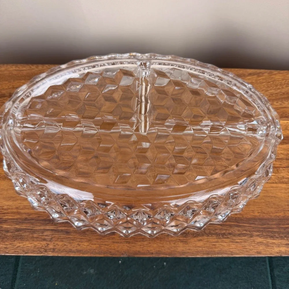 Fostoria America Clear Glass 3 Part Divided Relish Dish Oval Cube Pattern 10.5in